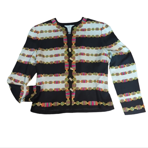 Adrianne Papell 100% silk patterned blazer pink/white/black gold buttons Sz 8 - Picture 10 of 10